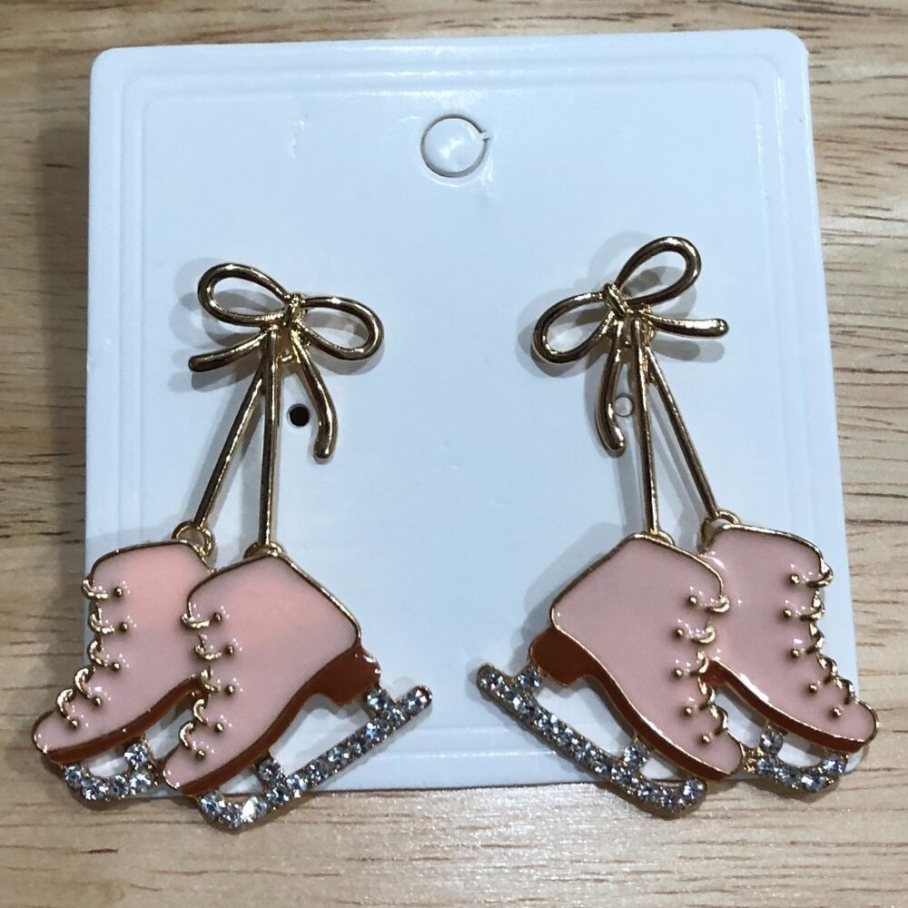 NWT Ice Skating Shoes Statement Earrings Holiday Winter Pink Gold Tone Skates